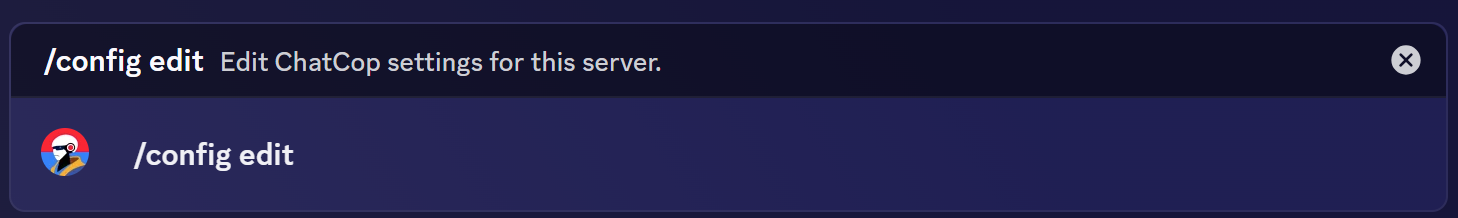 Discord slash command picker showing /config edit: Edit ChatCop settings for this server