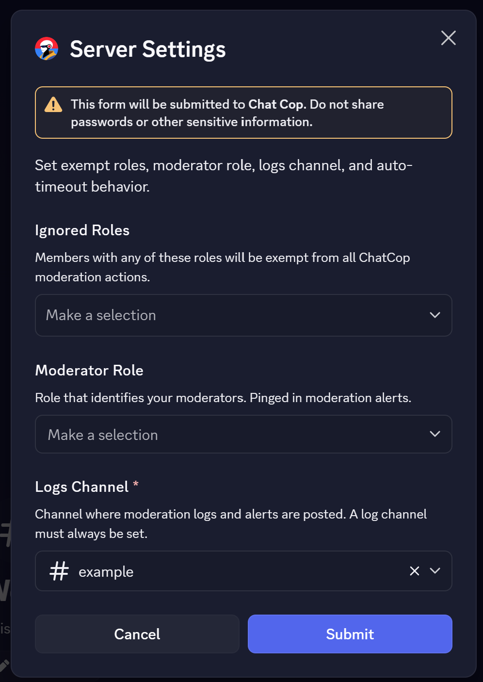 ChatCop Server Settings modal showing fields for Ignored Roles, Moderator Role, and Logs Channel, with the example logs channel selected