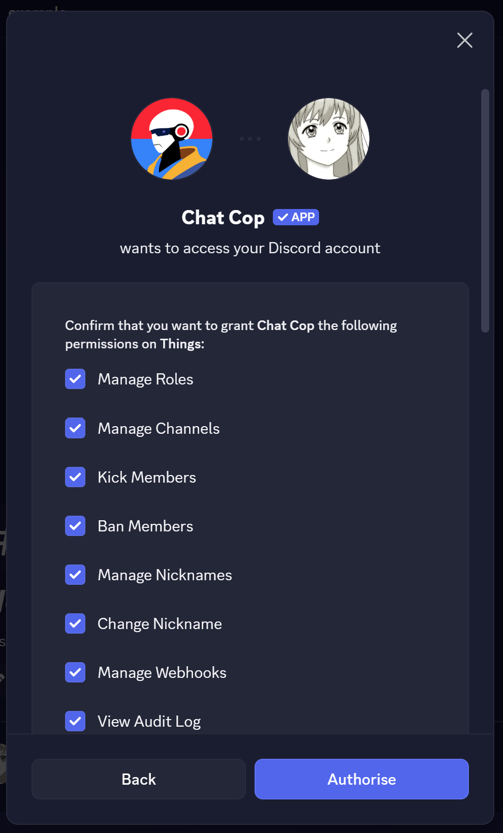 Discord OAuth screen authorizing ChatCop with permissions including Manage Roles, Manage Channels, Kick Members, Ban Members, and View Audit Log