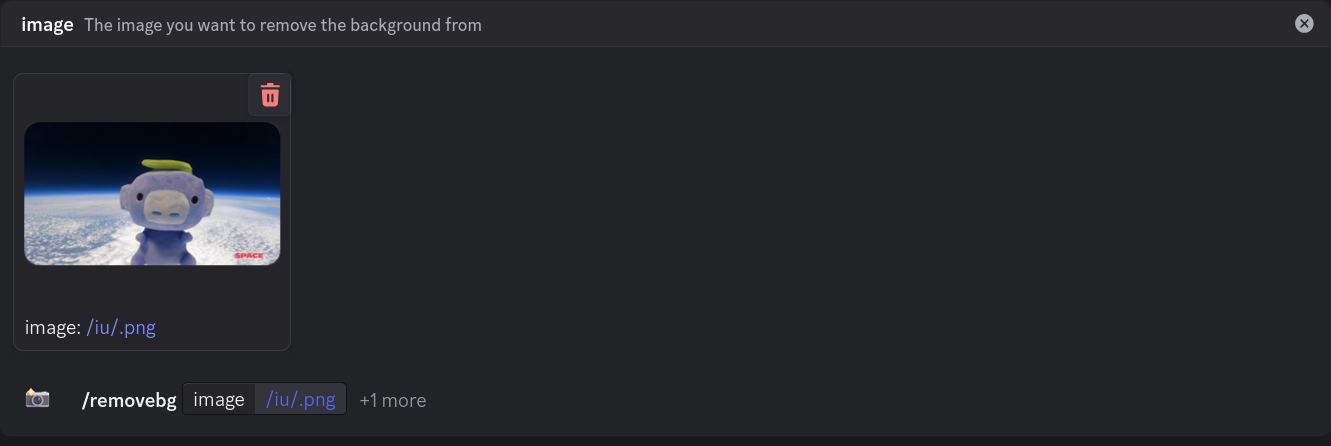 Screenshot showing /removebg slash command with an image attached and ready to send