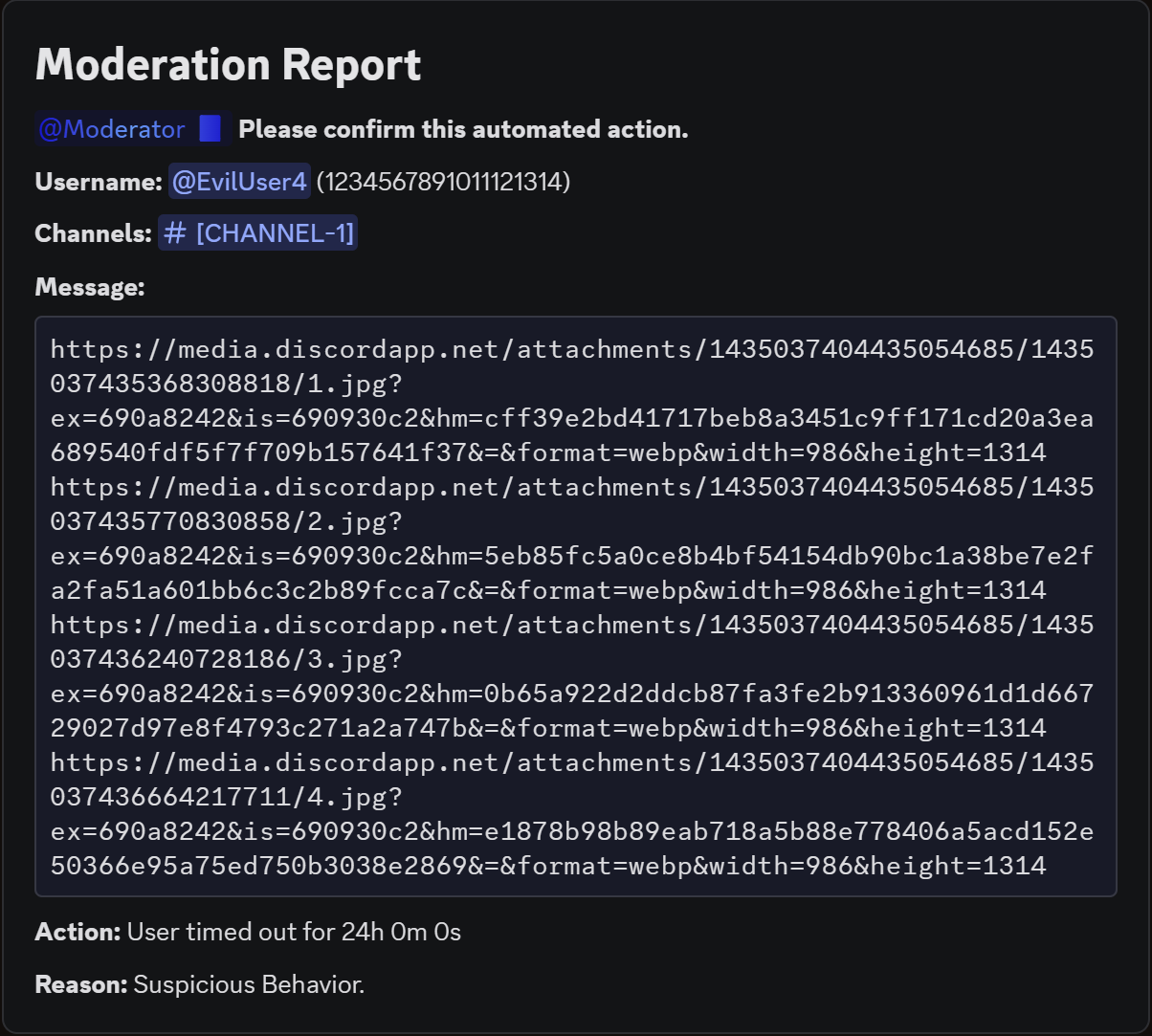 Moderation report for image URL spam - account posting CDN image links across 4 channels, 24h timeout