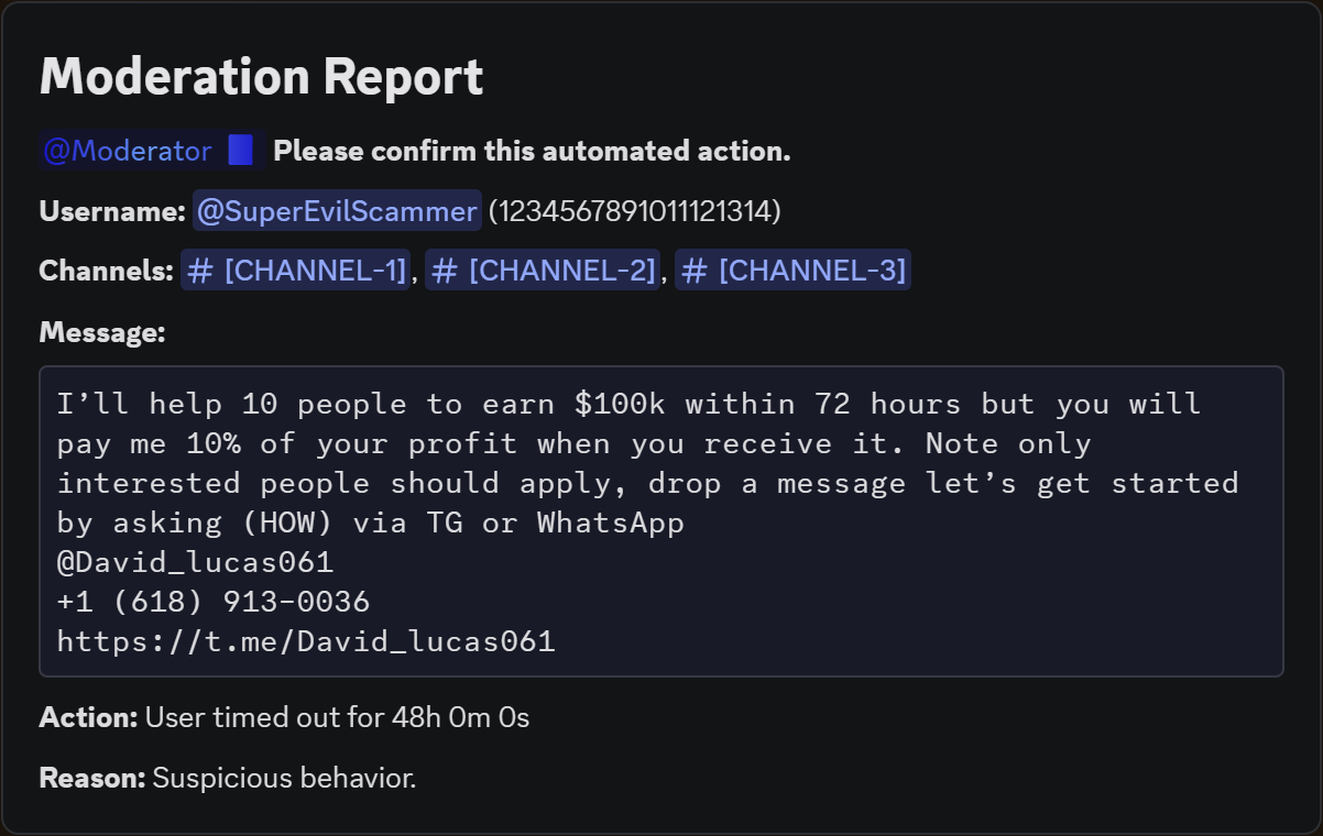 Moderation report for a text-based crypto scam - account posting identical Telegram scam links across 3 channels, 48h timeout